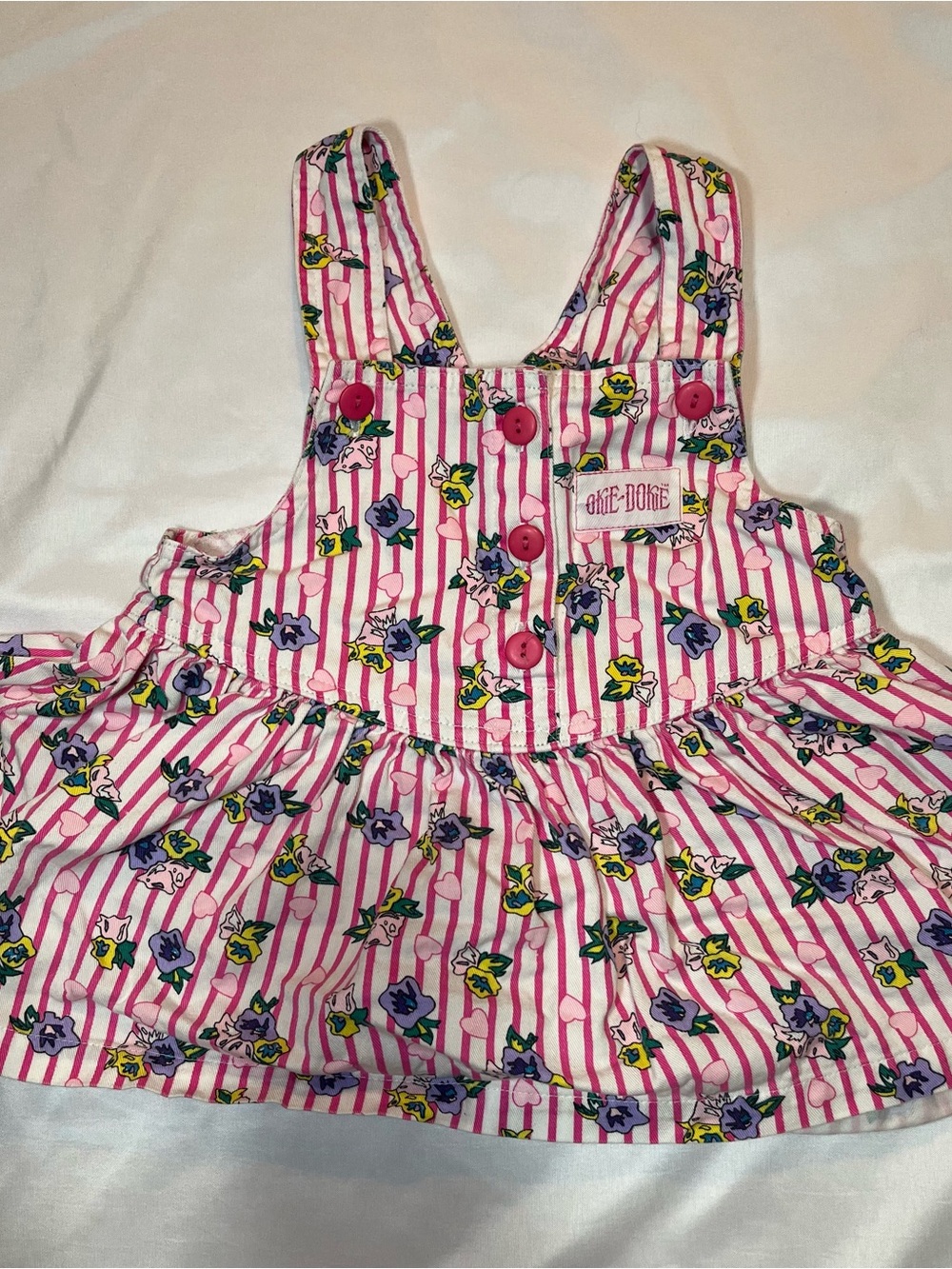 Vintage Okie Dokie Girls Overall Dress Size 3T Pink Stripes Floral Hearts